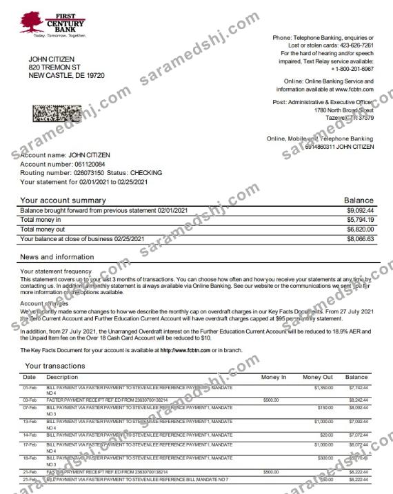 USA First Century bank statement